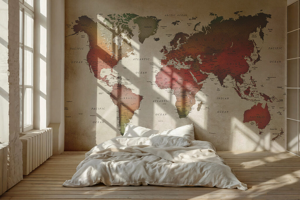 Wereldkaart in verweerde aardetinten — interieur 4