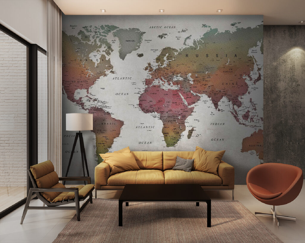 Wereldkaart in verweerde aardetinten — interieur 2