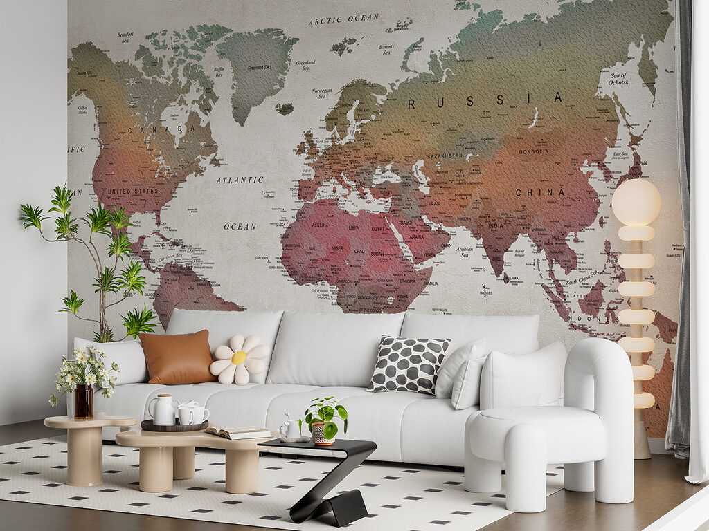 Wereldkaart in verweerde aardetinten — interieur 5