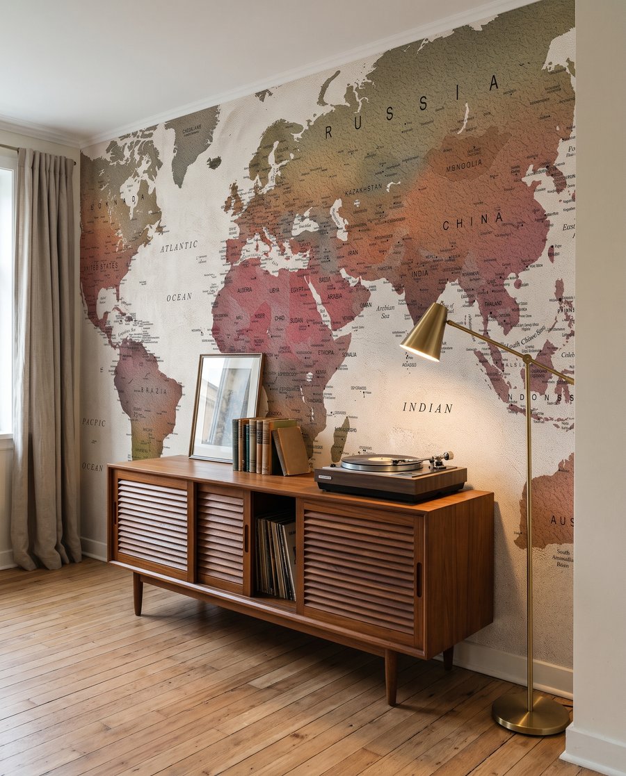 Wereldkaart in verweerde aardetinten in een interieur