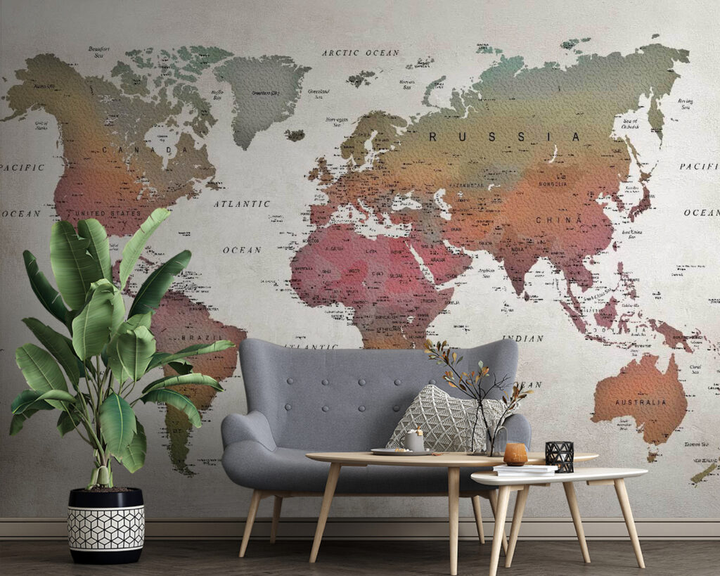 Wereldkaart in verweerde aardetinten — interieur 3