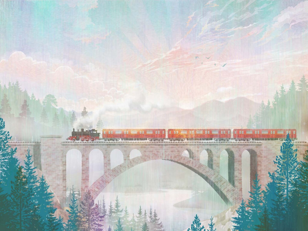 Trein over hoog boogviaduct — volledig ontwerp