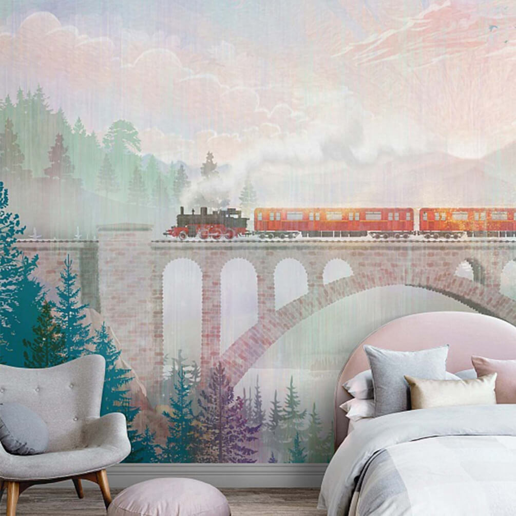 Trein over hoog boogviaduct — interieur 1