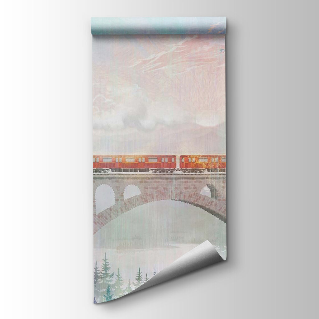 Trein over hoog boogviaduct — productweergave
