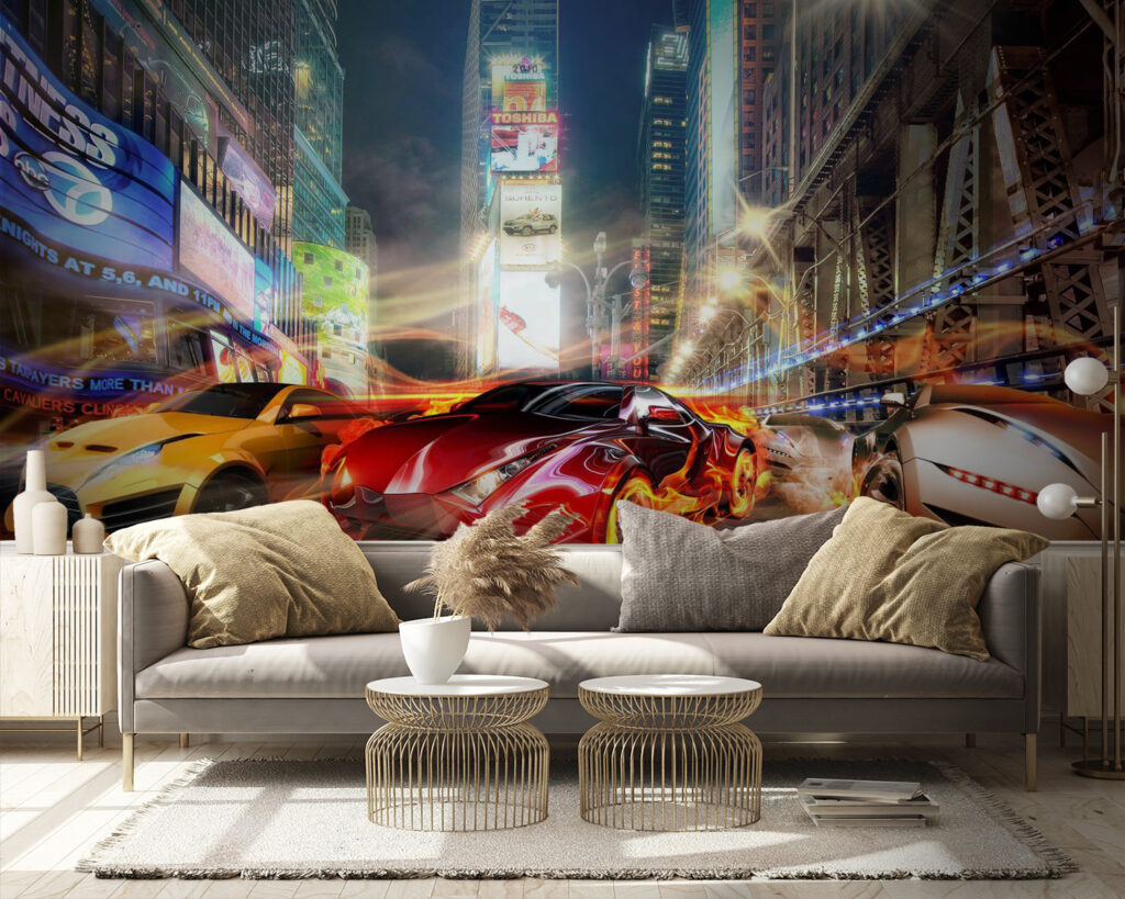 Sportwagens in verlichte winkelstraat — interieur 5