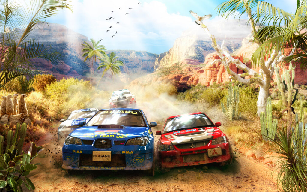 Rallywagens op stoffige bosweg — volledig ontwerp