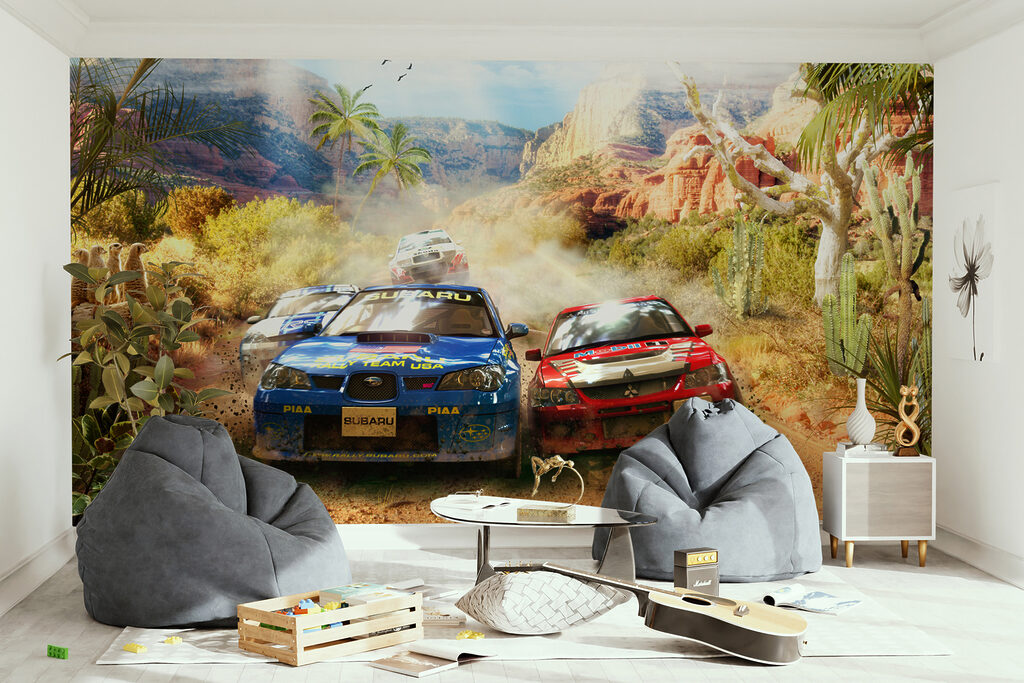 Rallywagens op stoffige bosweg — interieur 5