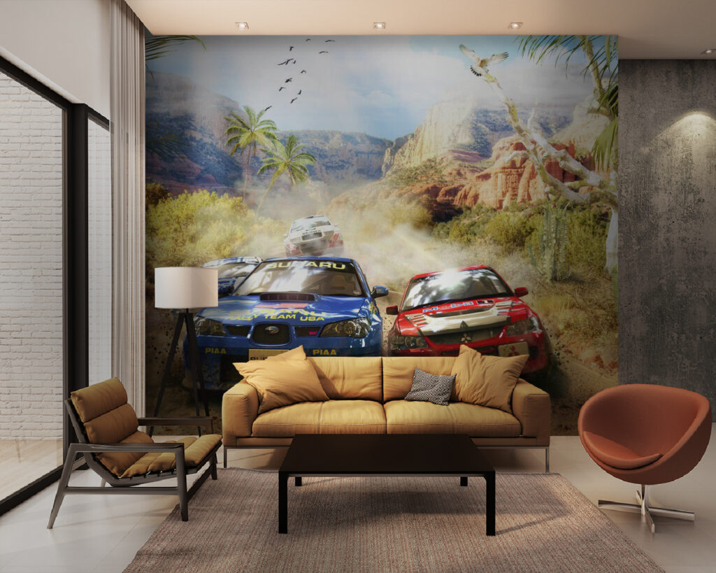 Rallywagens op stoffige bosweg — interieur 1