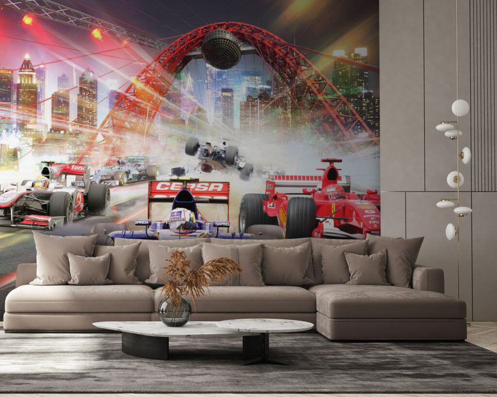 Raceauto racen op een circuit in een interieur