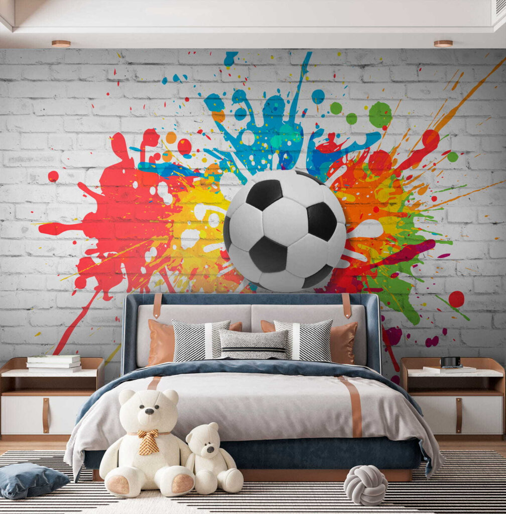 Kleurrijke voetbalkunst in actie! in een interieur