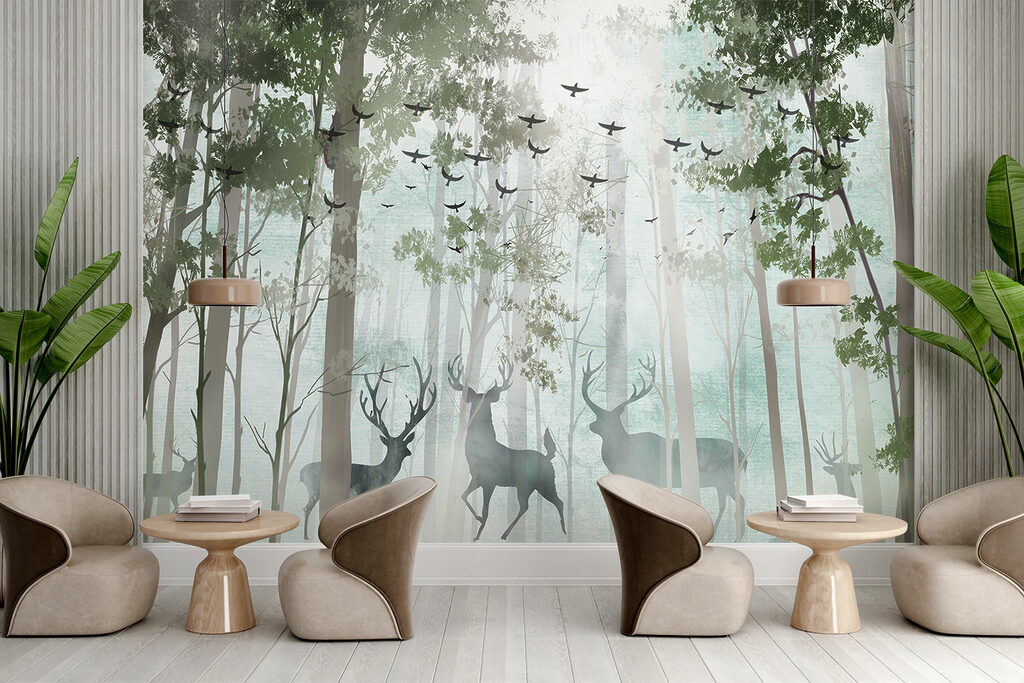 Herten tussen lichte bosstammen — interieur 3