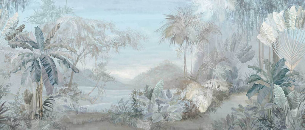 Tropische landschapsprent in ijsblauw — volledig ontwerp