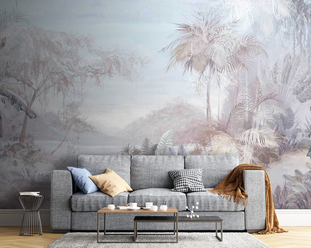 Schilderij van een landschap met bomen en bergen in een interieur