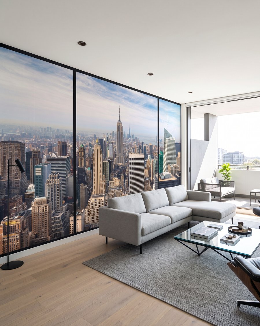 Manhattan achter zwarte kozijnen in een interieur
