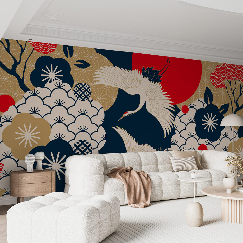 Kraanvogels tussen vlakke bloemen — interieur 4