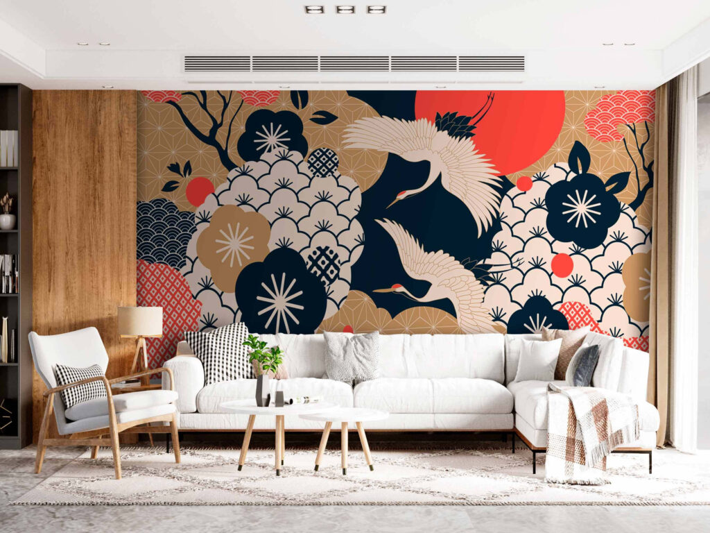 Kraanvogels tussen vlakke bloemen — interieur 1