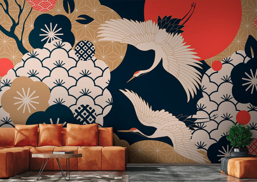 Kraanvogels tussen vlakke bloemen — interieur 2