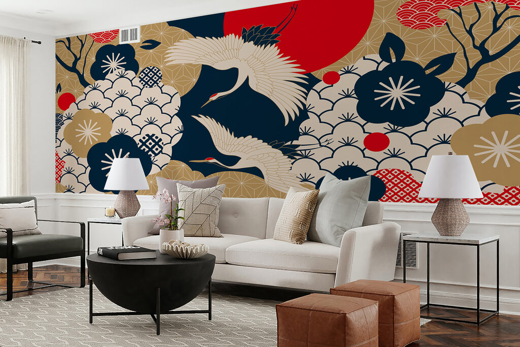 Kraanvogels tussen vlakke bloemen — interieur 5