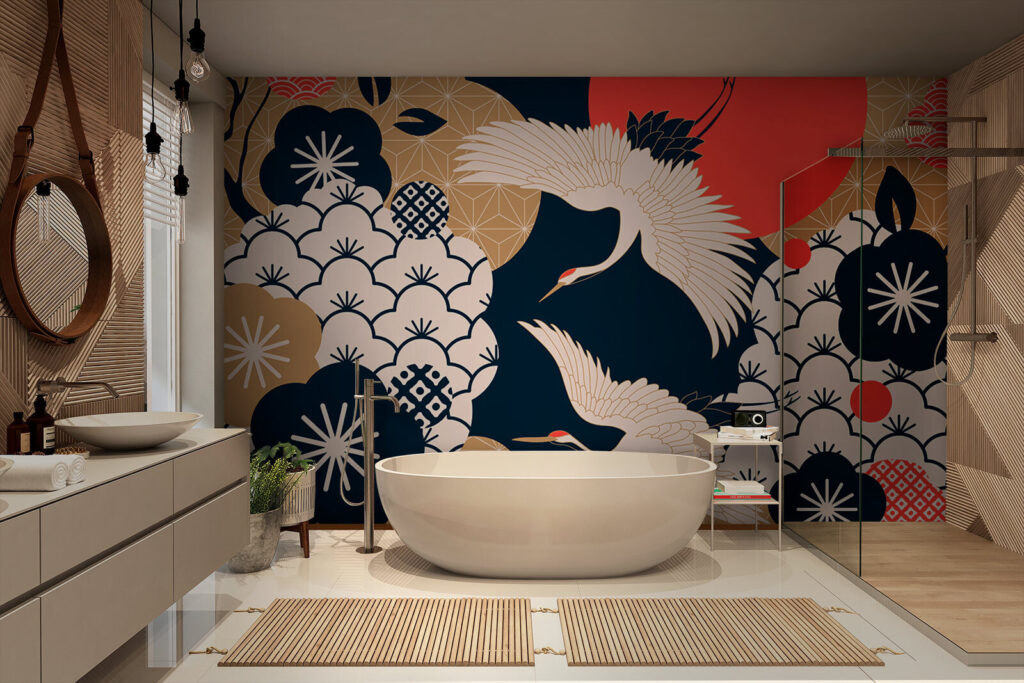 Kraanvogels tussen vlakke bloemen — interieur 3