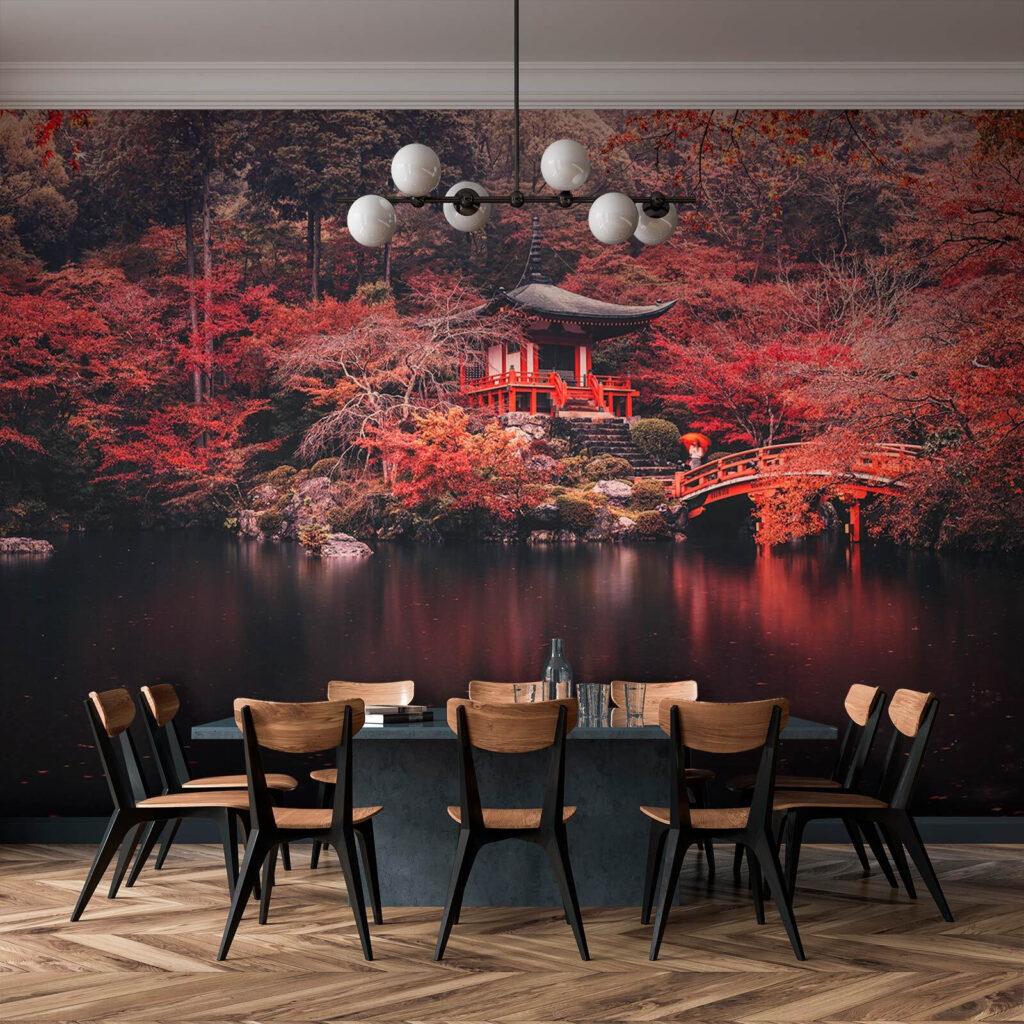 Klein gebouw met rode brug over water — interieur 3