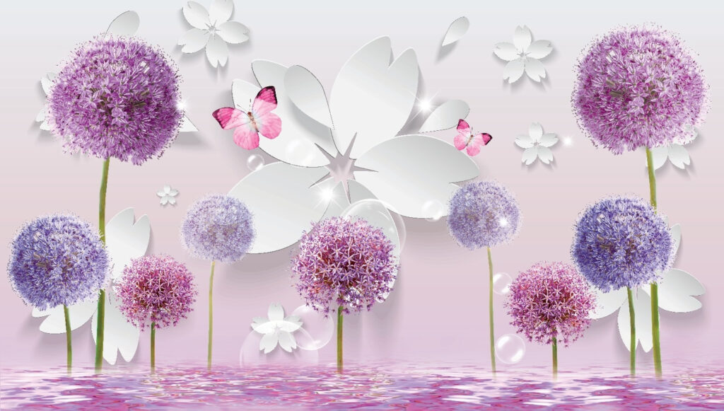Bolvormige bloemen tussen vlinders — volledig ontwerp