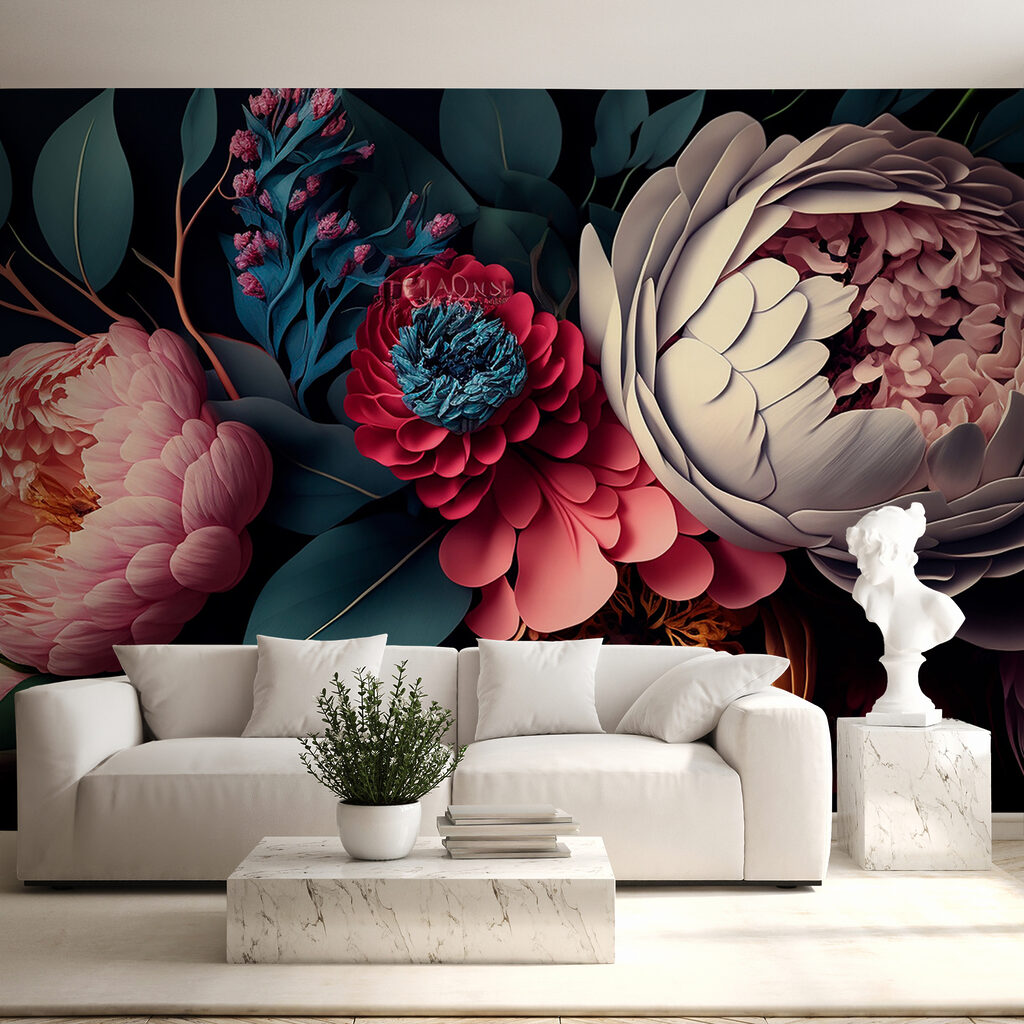 Donkere pioenen in bloemlagen — interieur 4