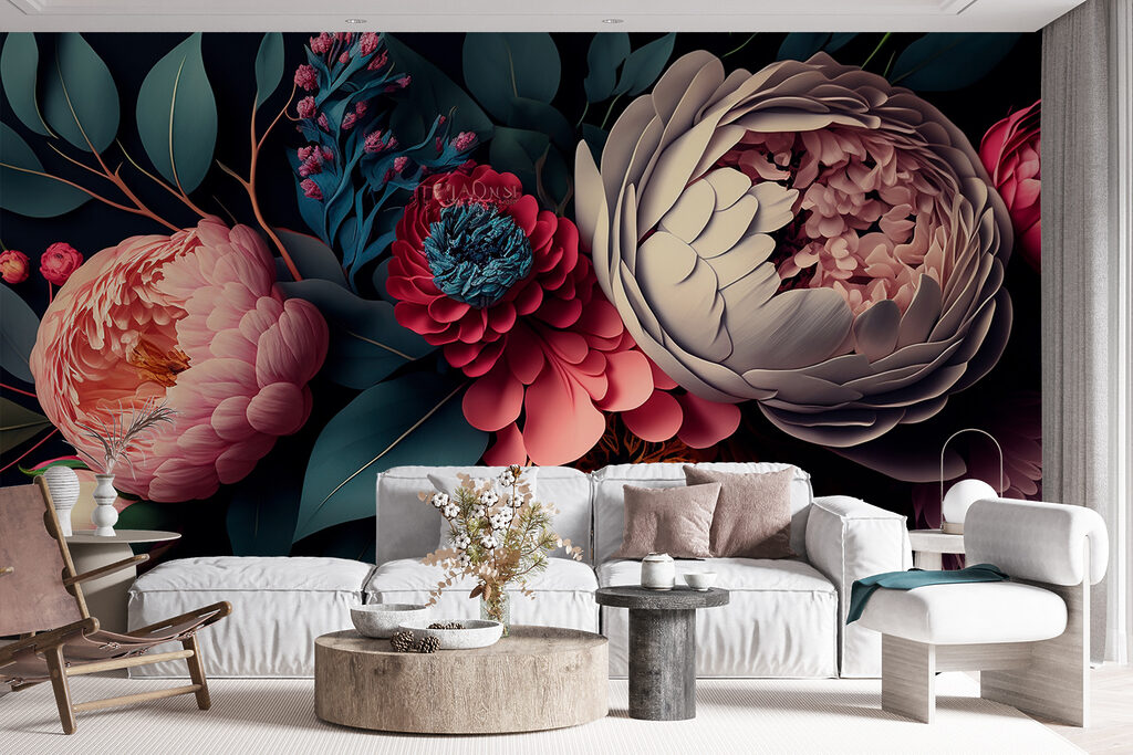 Donkere pioenen in bloemlagen — interieur 5
