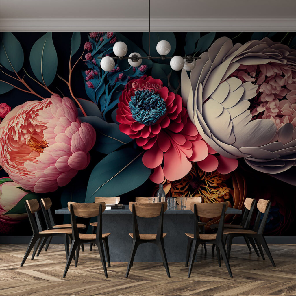 Donkere pioenen in bloemlagen — interieur 3