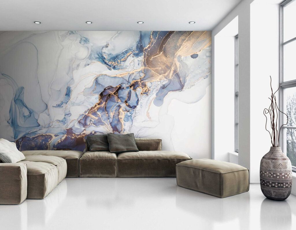 Zachte blauwe en witte abstracte kunst in een interieur