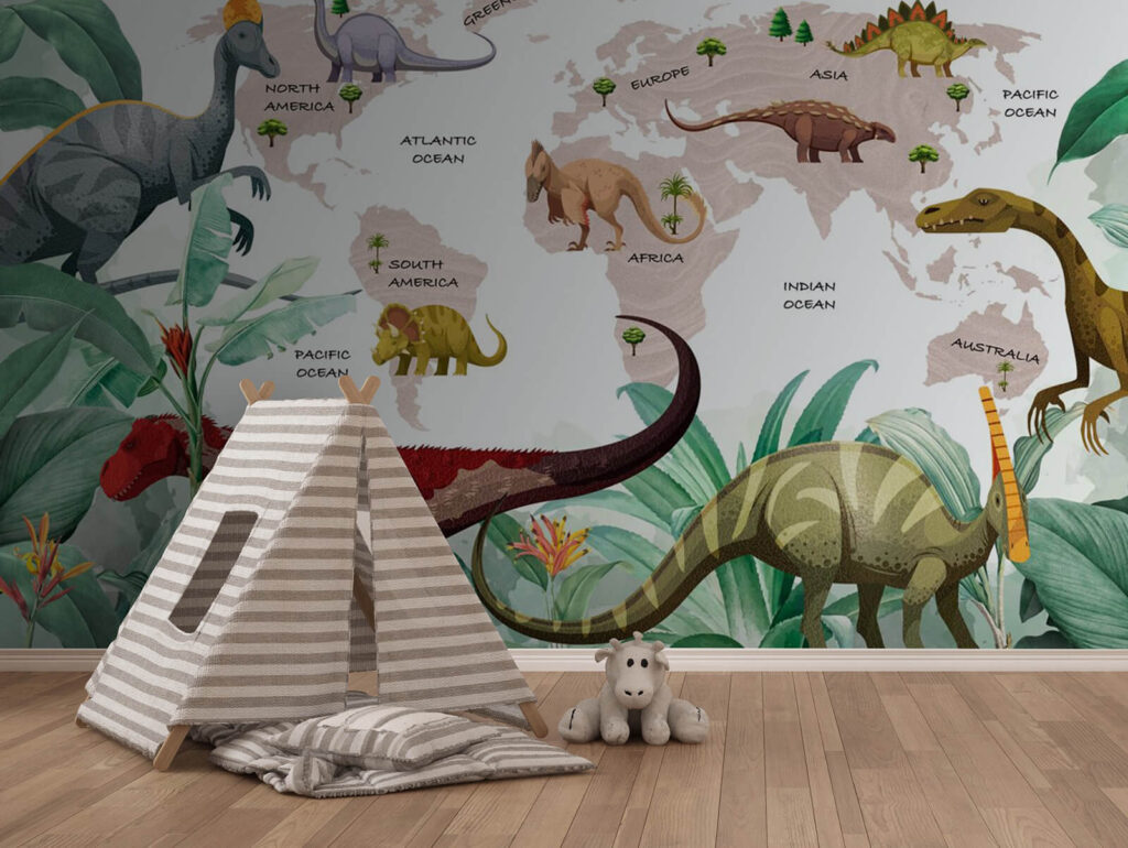 Kaart van dinosaurussen met planten en namen in een interieur