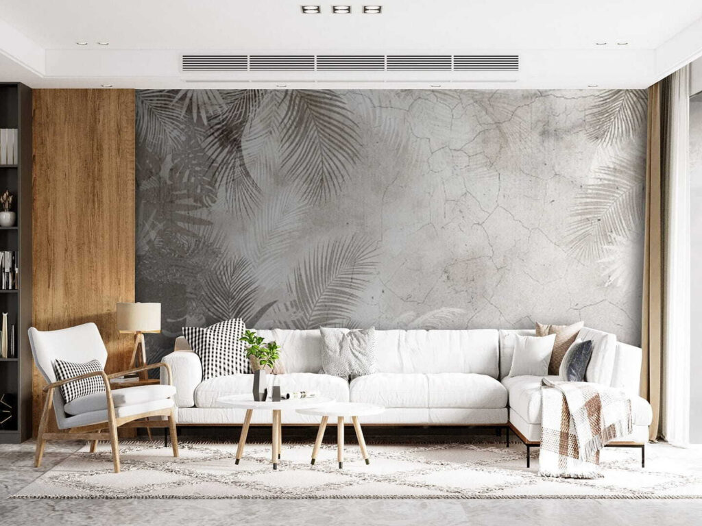 Verweerde palmveren op beige — interieur 2