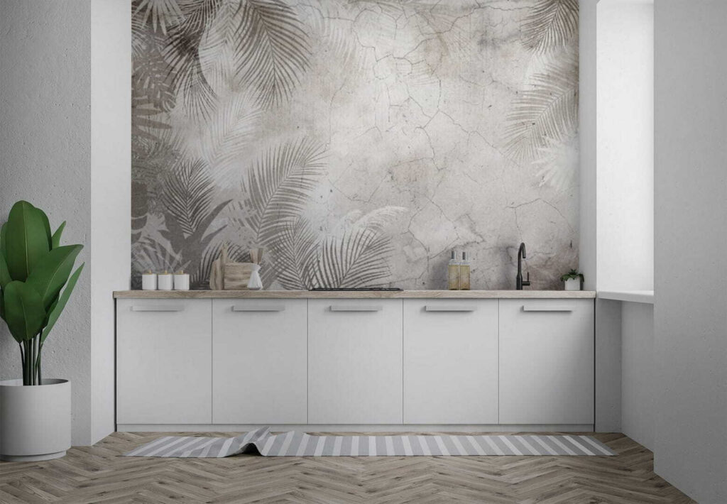 Verweerde palmveren op beige — interieur 3