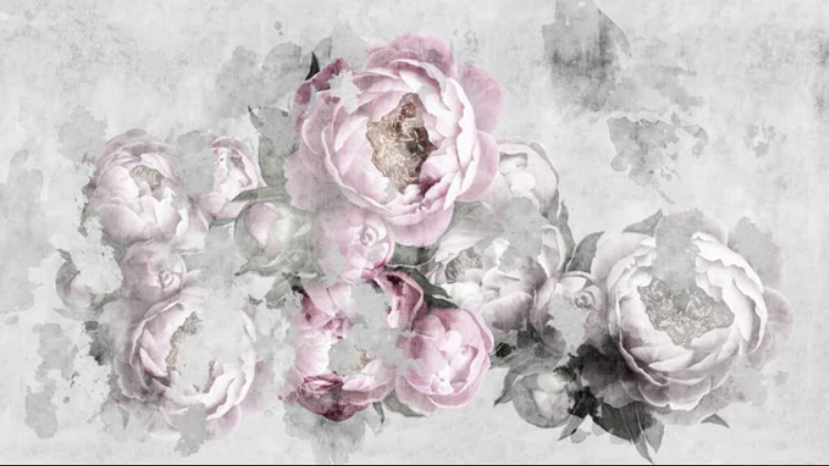 Roze pioenen in grijsnevel — volledig ontwerp