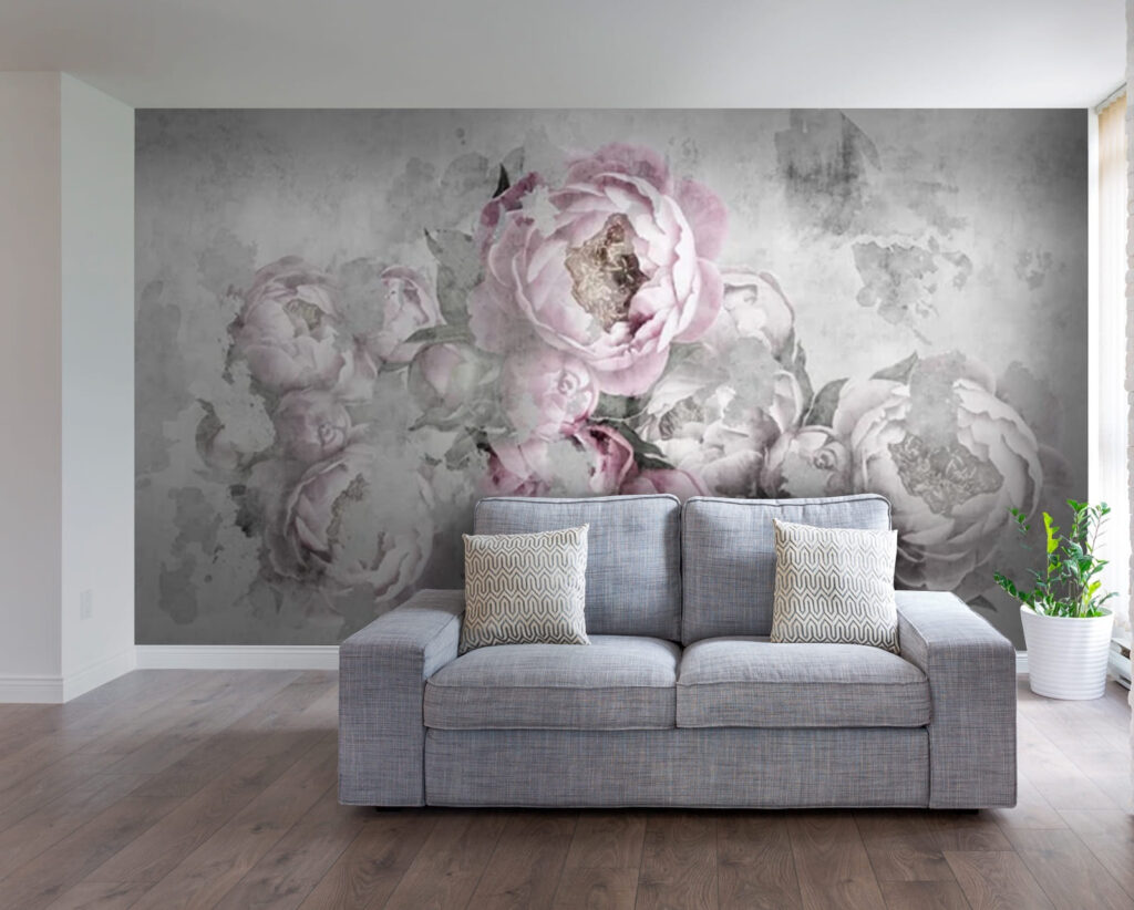 Roze pioenen in grijsnevel — interieur 2