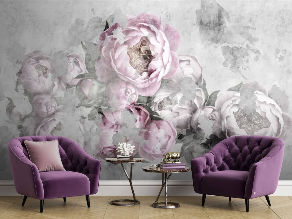 Roze pioenen in grijsnevel — interieur 1