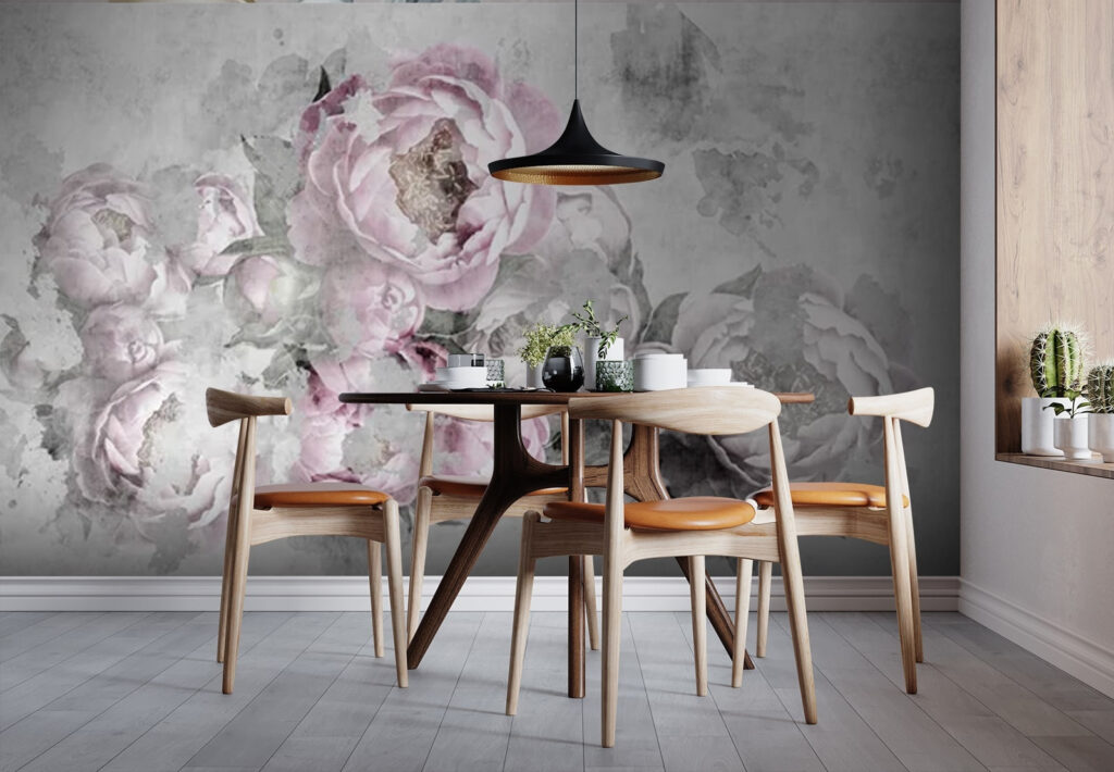 Roze pioenen in grijsnevel — interieur 3