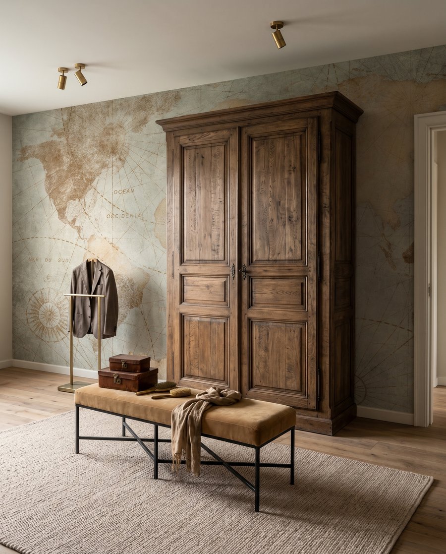 Wereld als oude zeekaart in een interieur