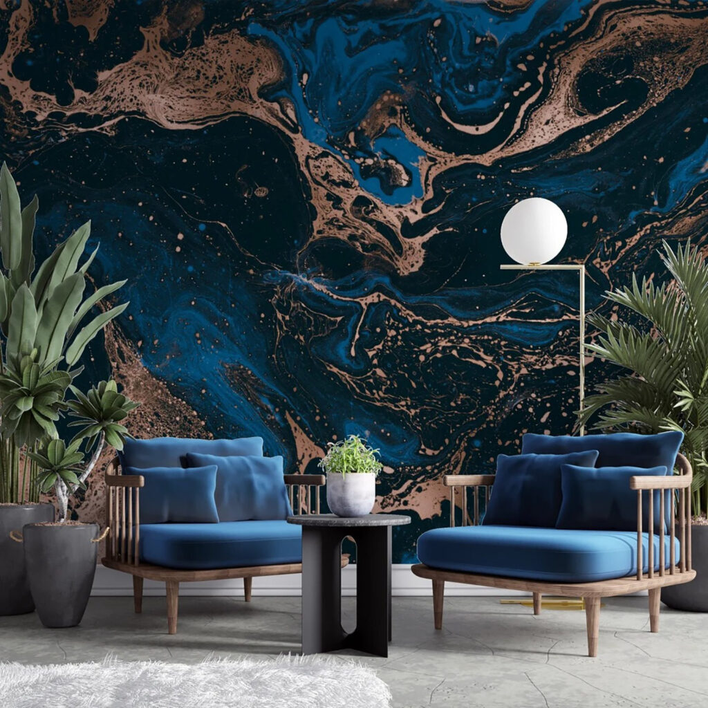 Koperkleurige stromen door diepblauw — interieur 1