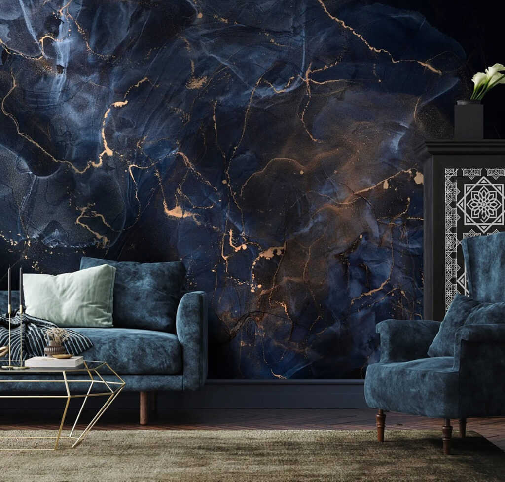Blauwe kleurcellen met goudlijnen — interieur 2