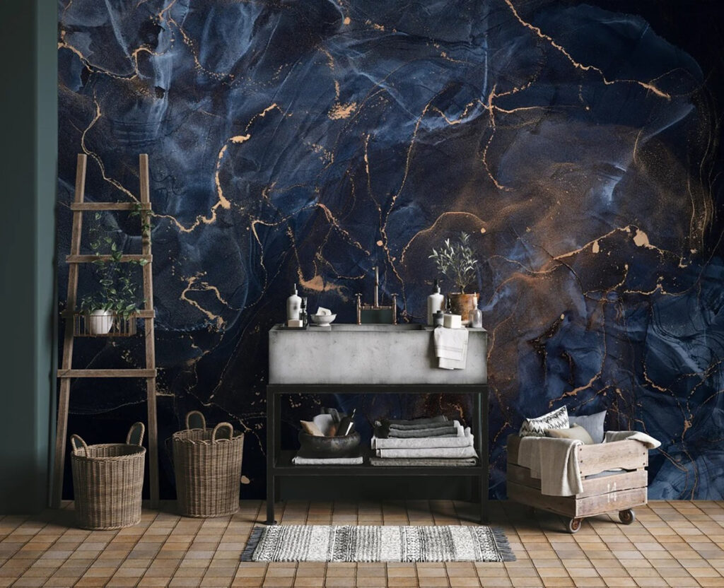 Blauwe kleurcellen met goudlijnen — interieur 1