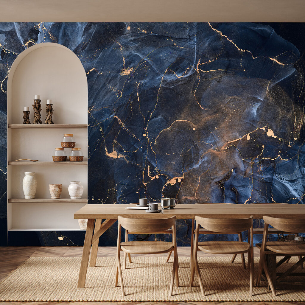 Blauwe kleurcellen met goudlijnen — interieur 5