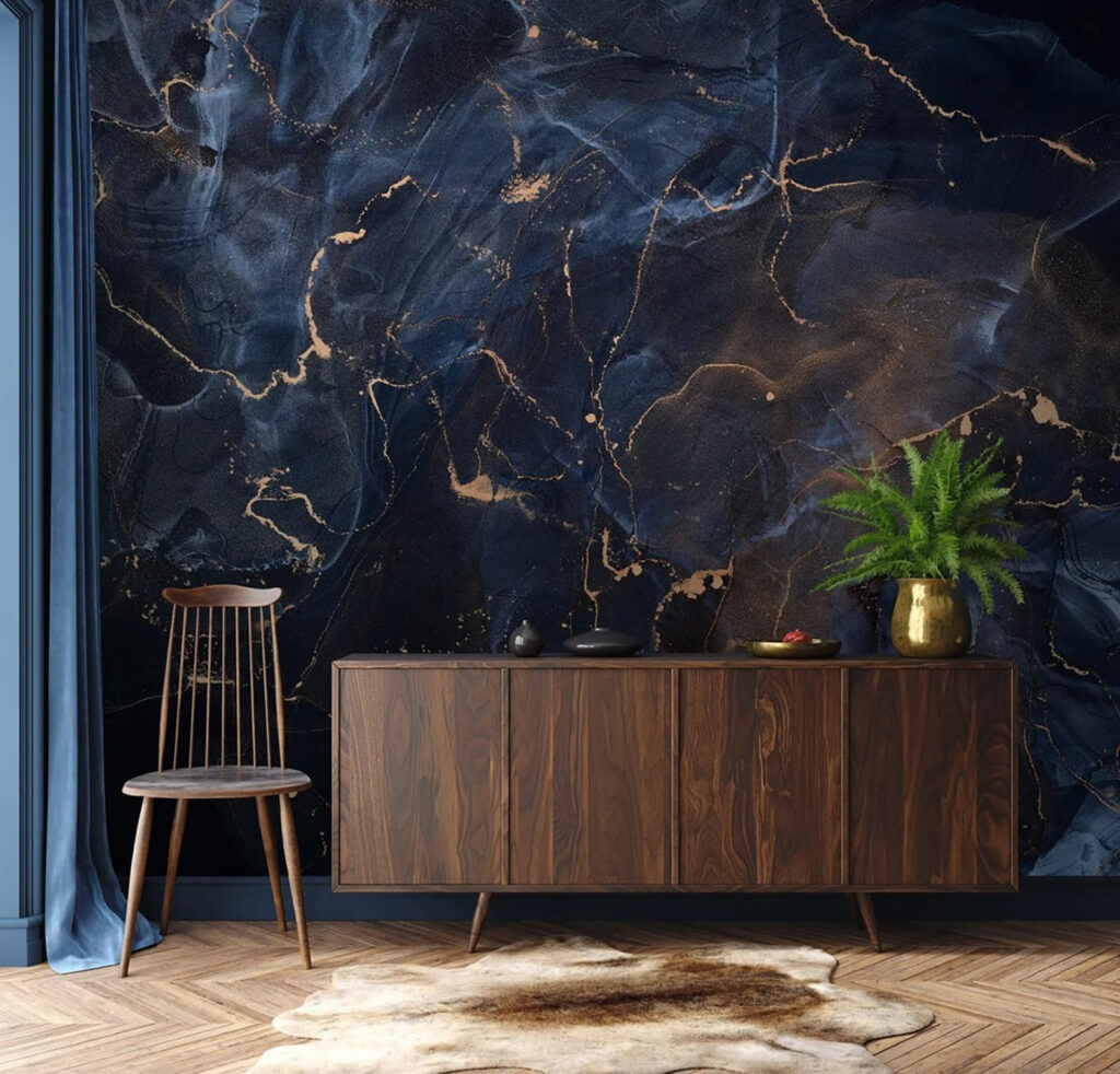 Blauwe kleurcellen met goudlijnen — interieur 3