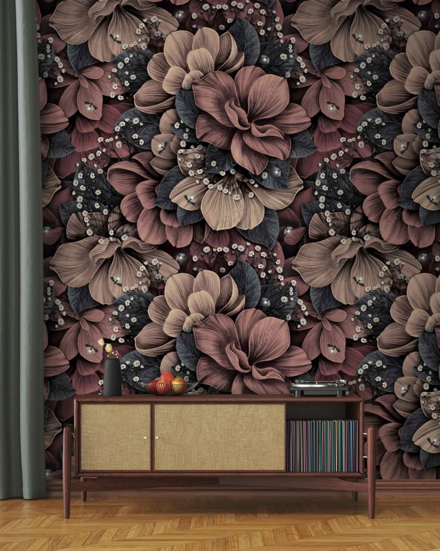 Groep bloemen met kleine witte en zwarte blaadjes in een interieur