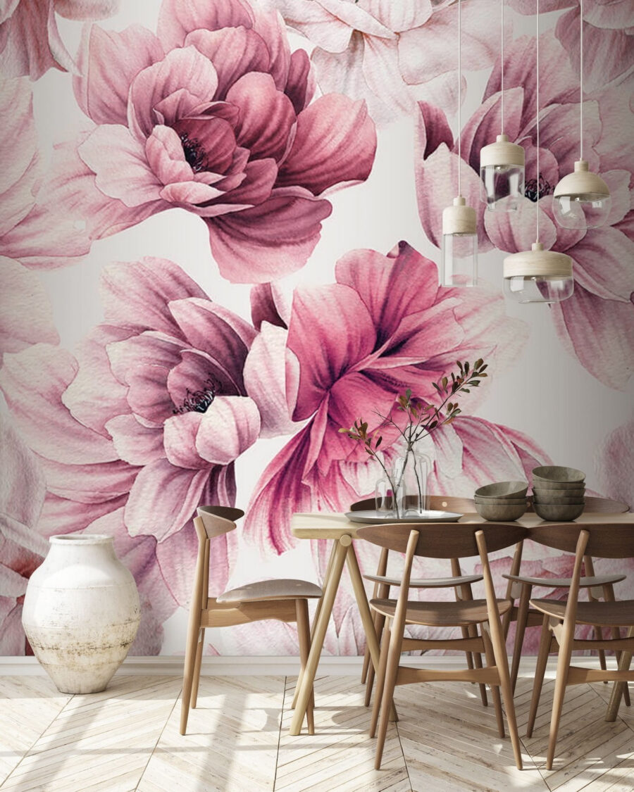 Roze dahlia's op wit — interieur 1