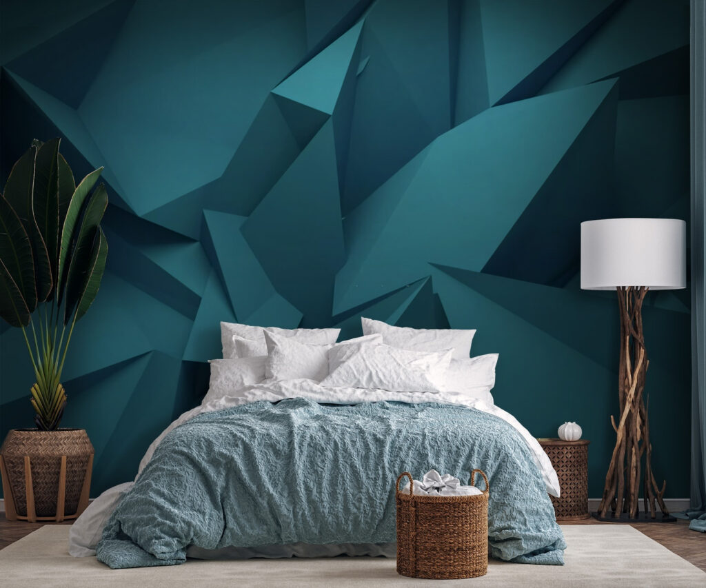Blauwe veelhoekige vormen in een interieur