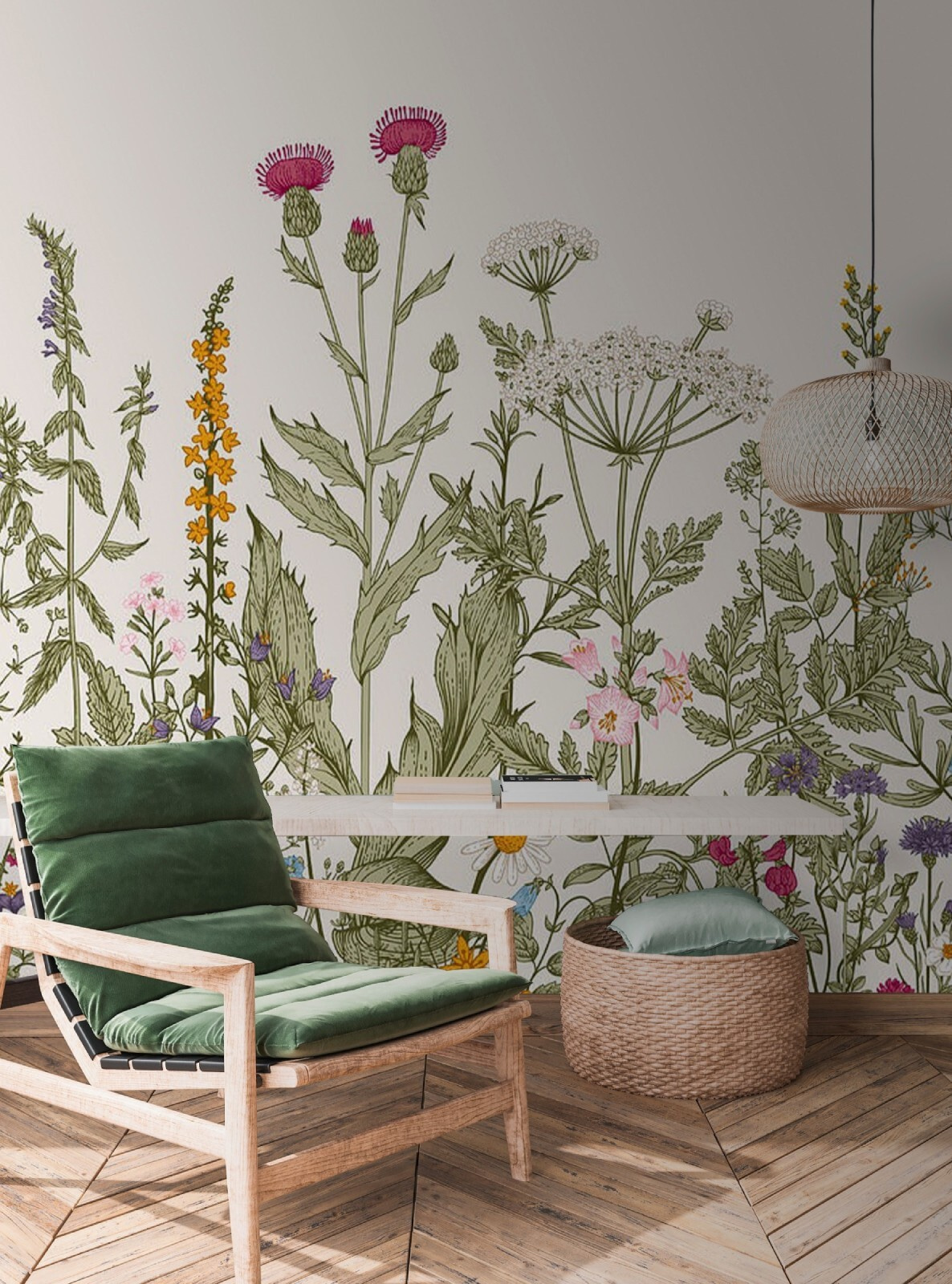 Rij bloemen en planten in een interieur