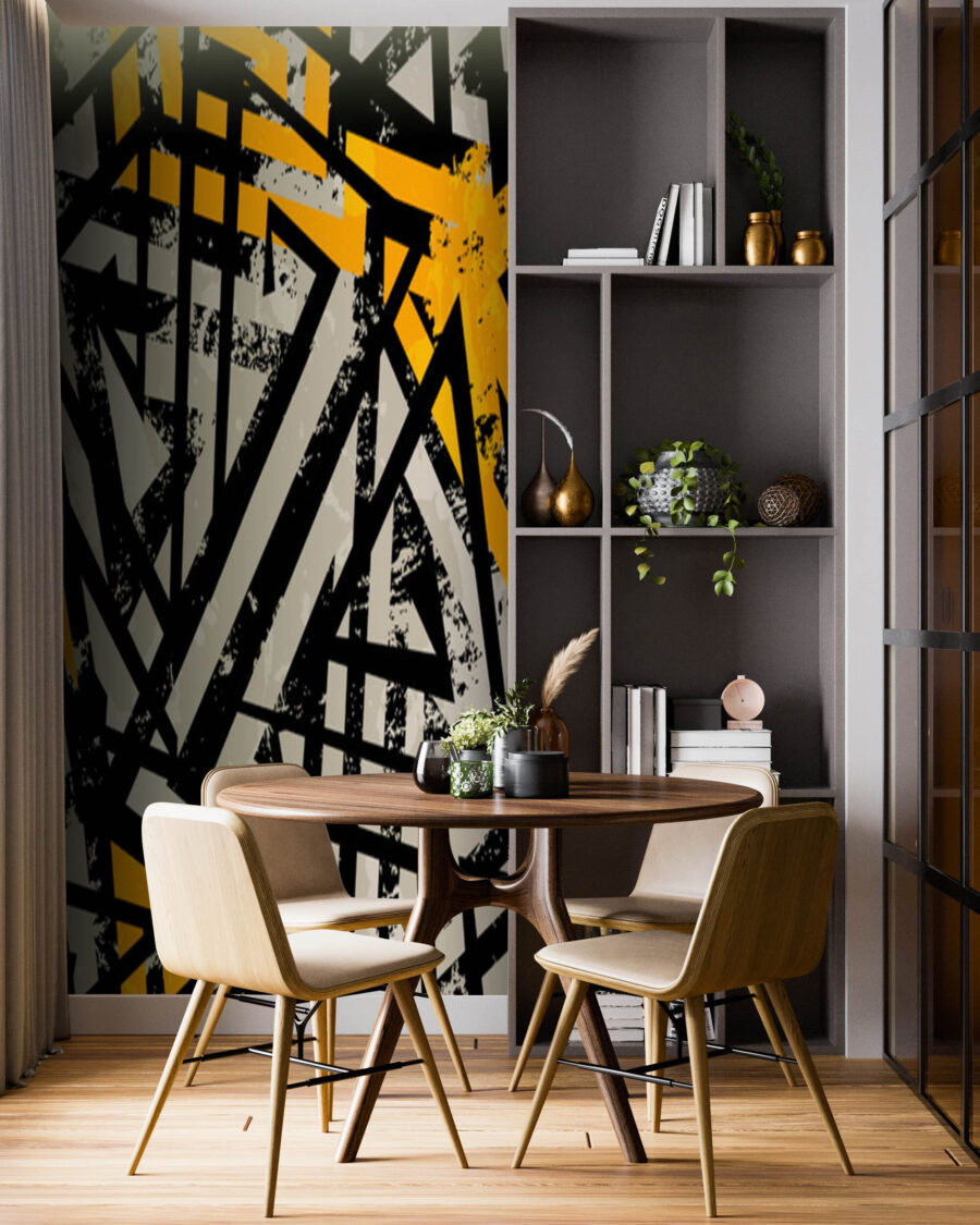 Zwarte kruislijnen met geel — interieur 3