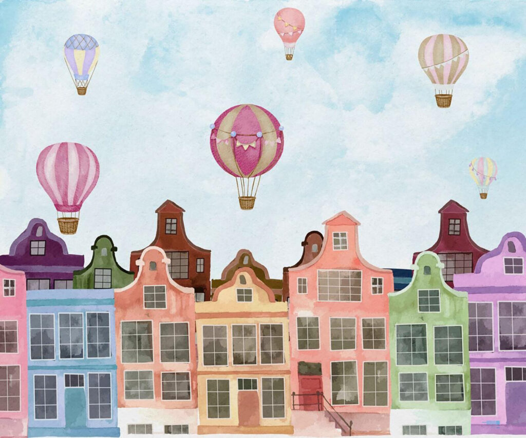 Ballonnen boven kleurige trapgevels — volledig ontwerp