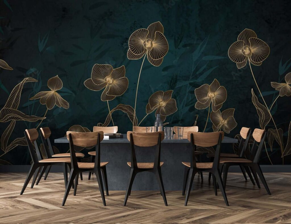 Gouden bloemlijnen op petrol — interieur 2