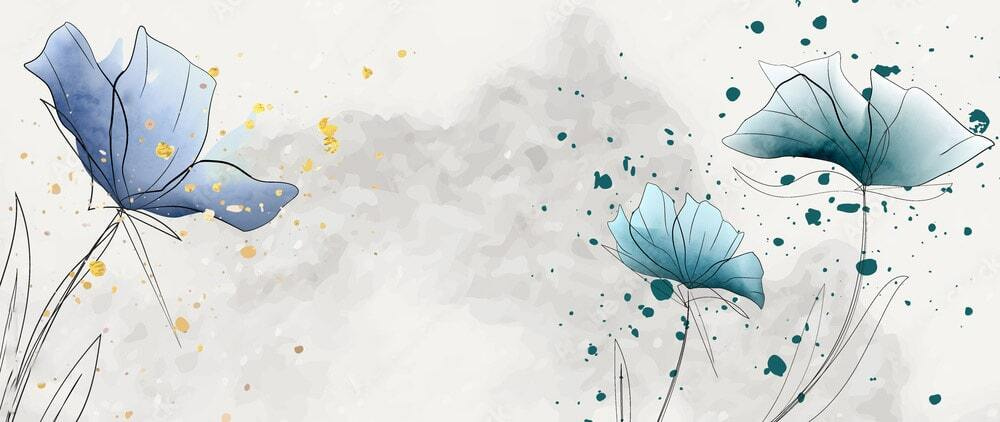Blauwe bloemen met inktspatten — volledig ontwerp